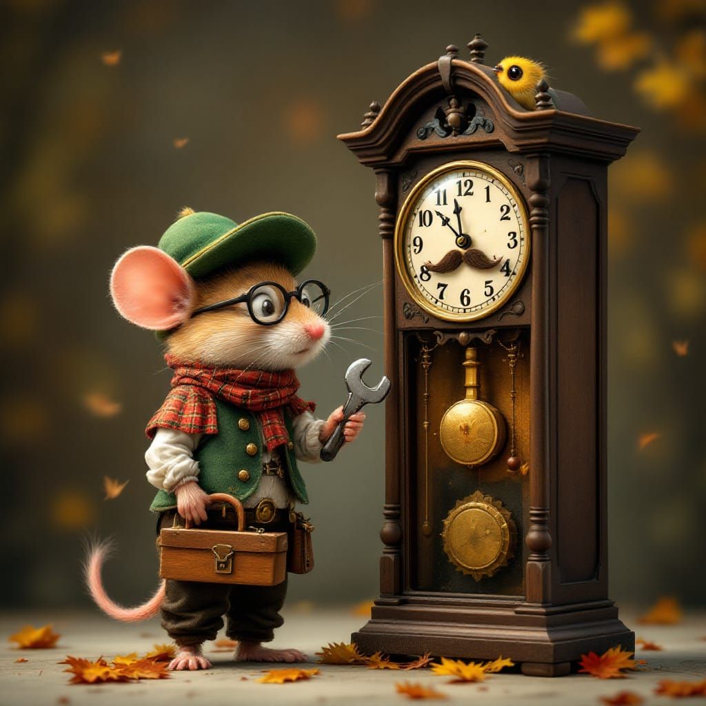 Mouse Adjusts Bavarian Clock with Autumn Leaves