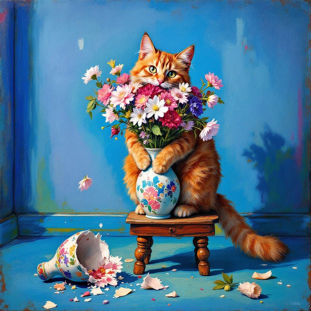 Ginger Cat with Flowers in Fauvist Style