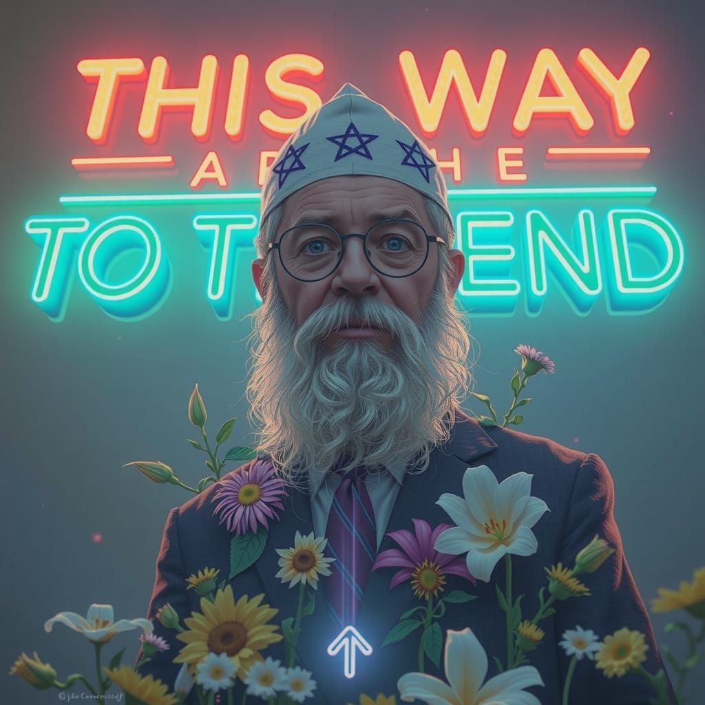 A glowing luminous sign, pointing down, read: 'THIS WAY TO THE END".