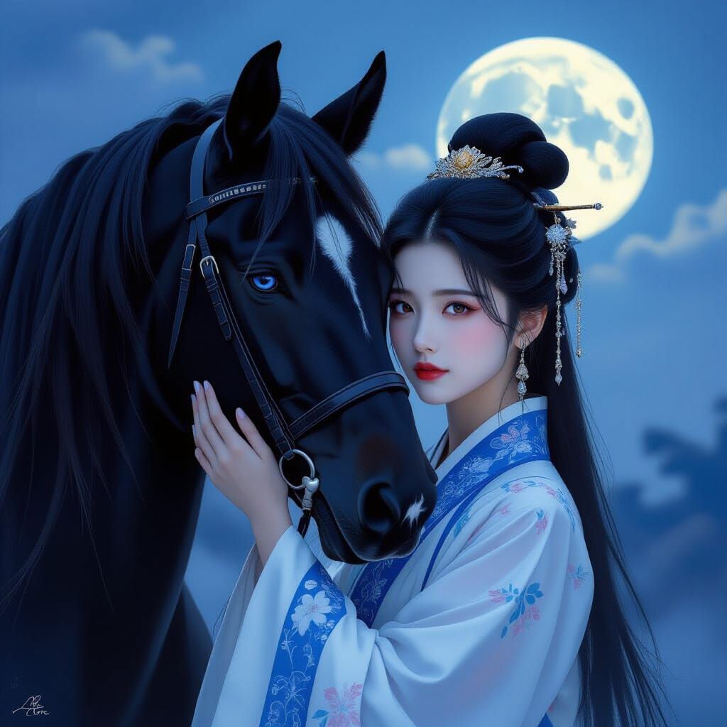 Hanfu Woman and Black Stallion in Moonlight