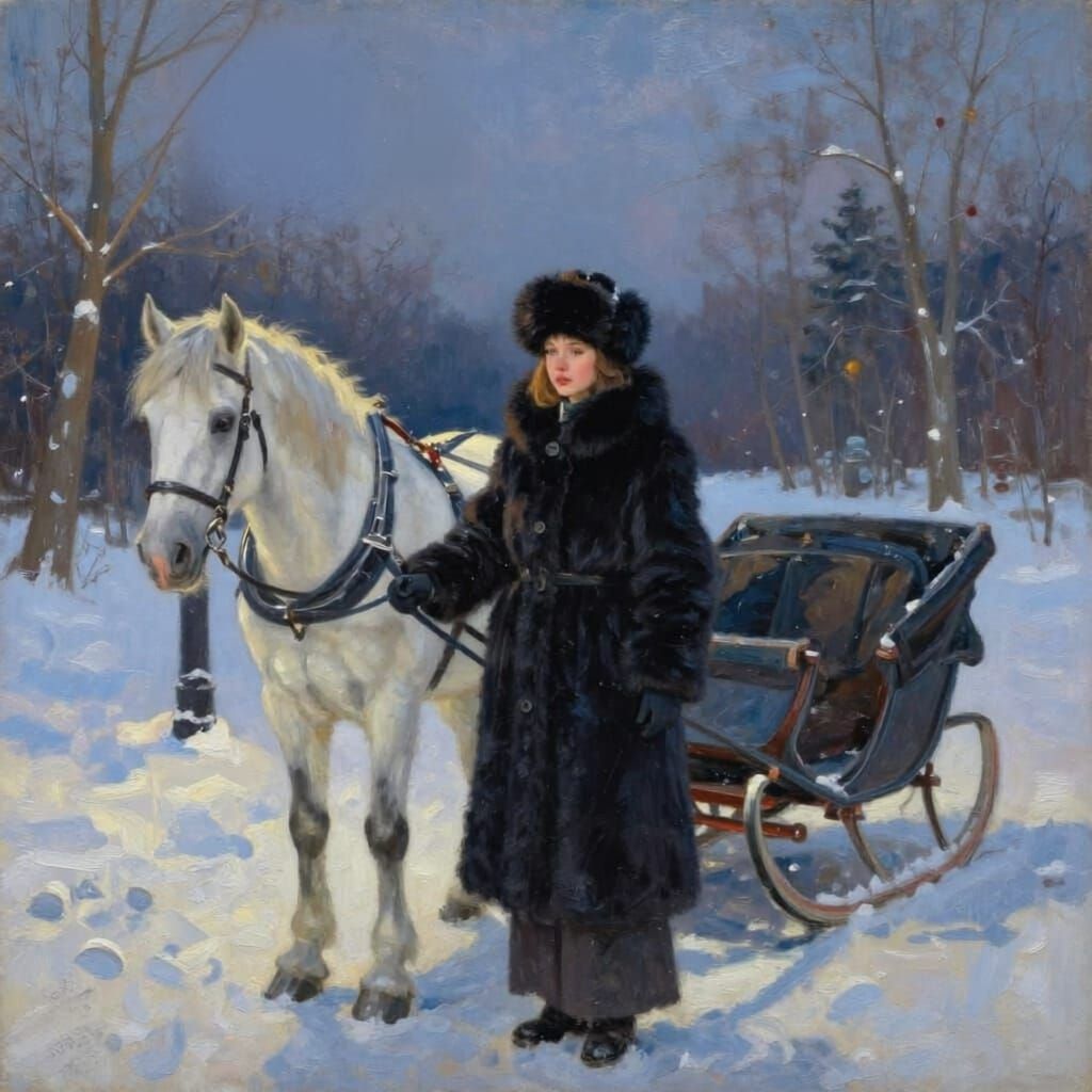 Winter Twilight Sleigh Ride with Horse and Girl in Oil Paint...