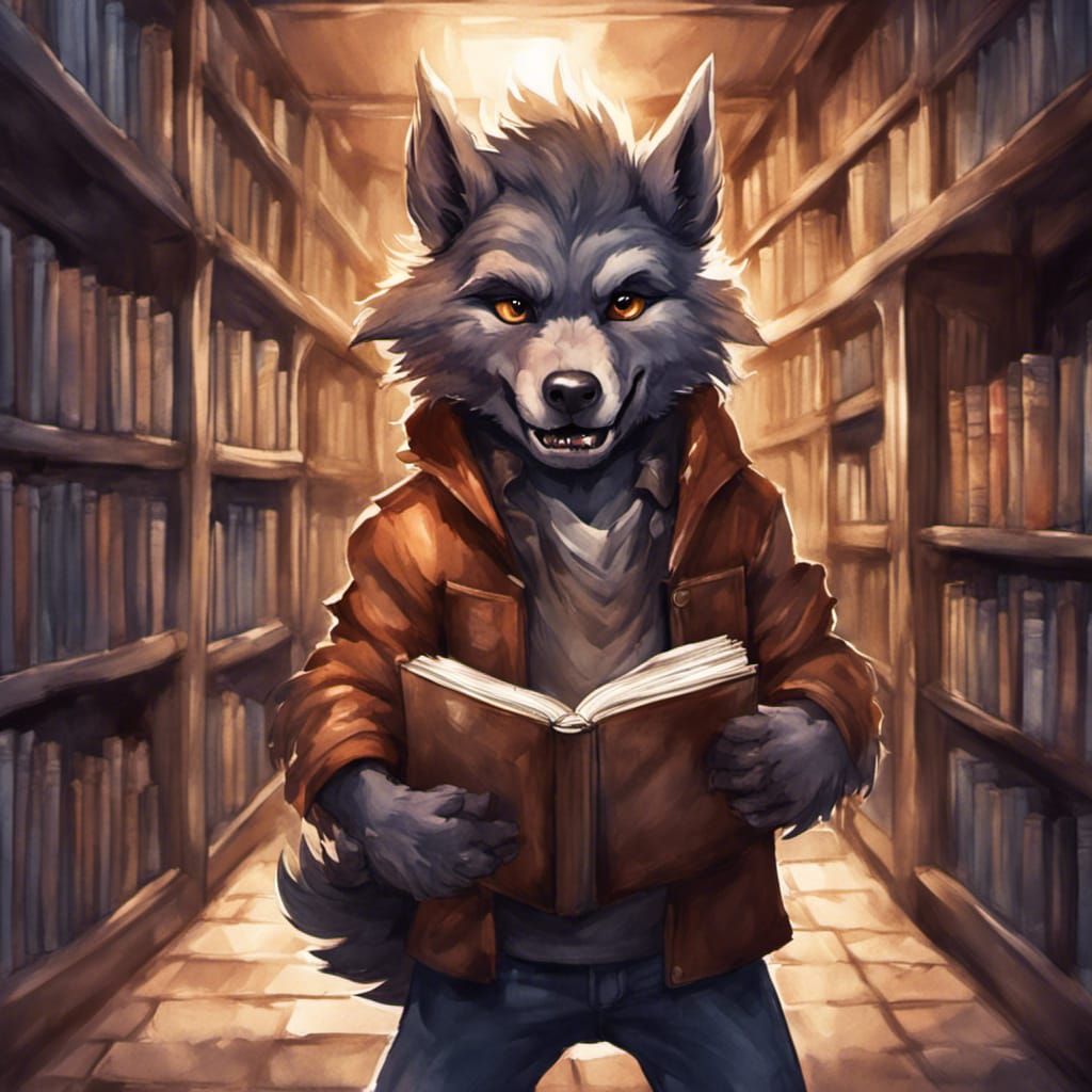 Chibi Werewolf in Underground Library: Watercolor Illustrati...