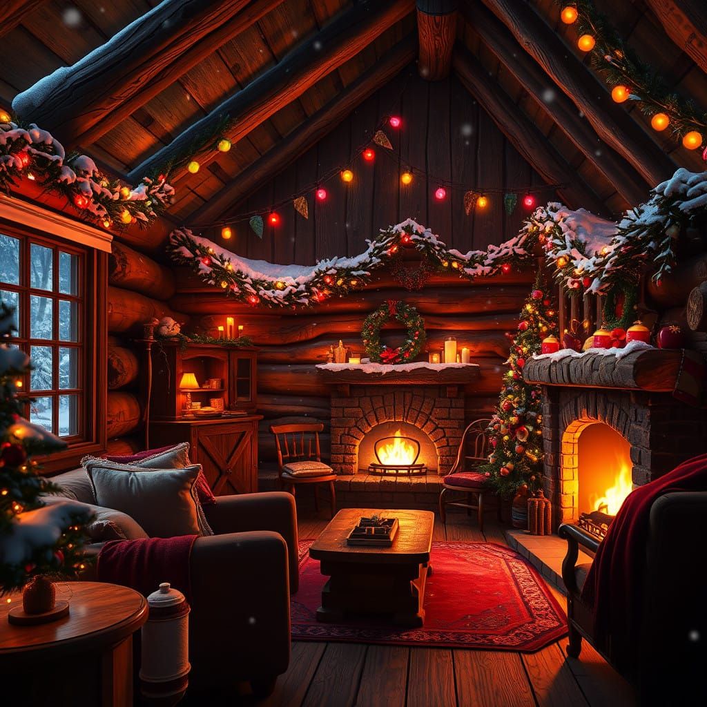 Whimsical Christmas Cabin Scene in Rich, Fantastical Colors