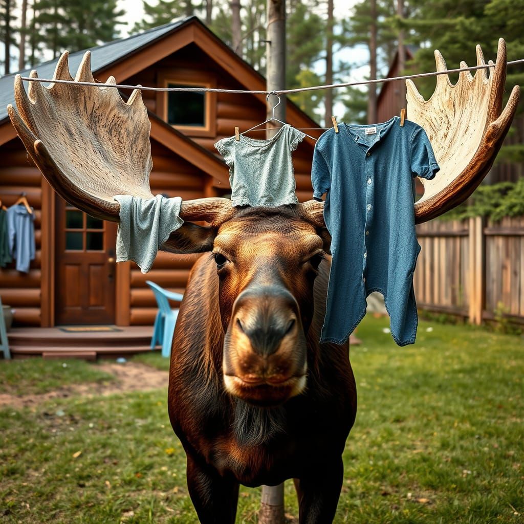 Moose Caught in Clothesline with Laundry on Antlers