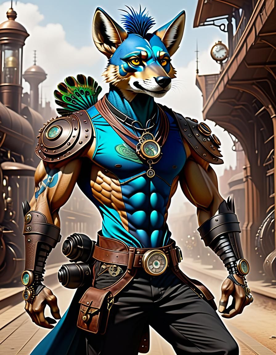Steampunk Jackal-Peacock Hybrid Anthro
