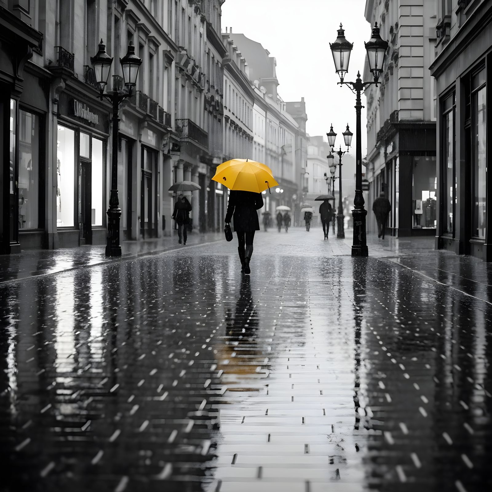 Yellow Umbrella in Grayscale Rainy City Street