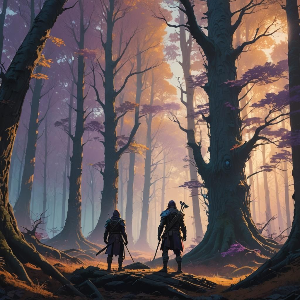 Mystical Warrior in Glowing Forest: Fantasy Concept Art