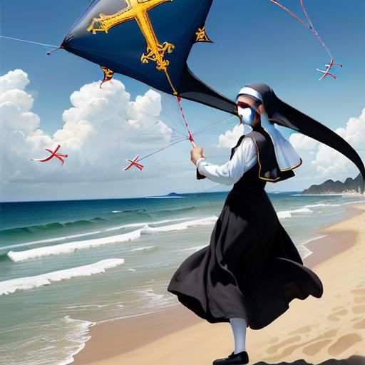 Nun Flies Cross Kite on Beach in Hyperreal Style