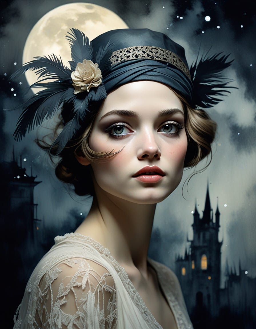 1920s Flapper Goddess in Elegant Headgear Under Moonlit Nigh...