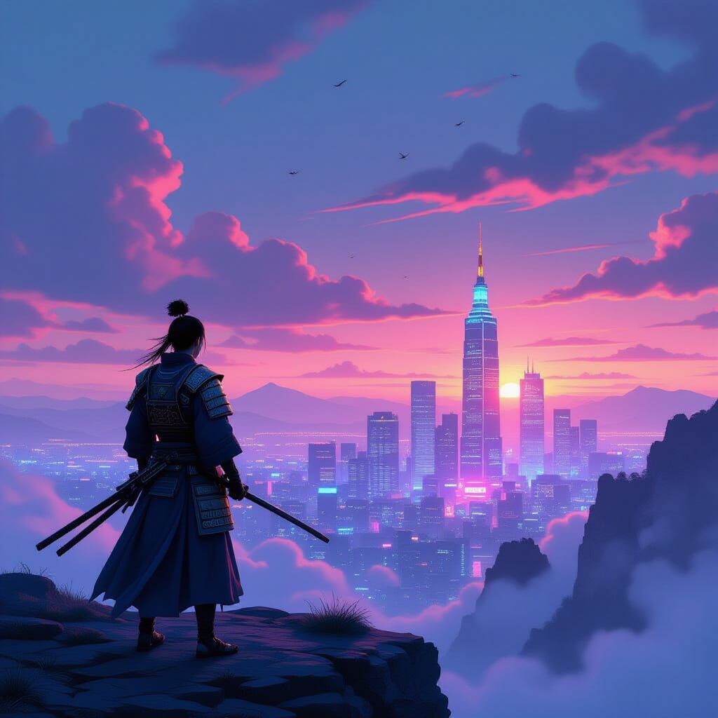 Samurai Gazing at Dystopian City in Cyberpunk Style