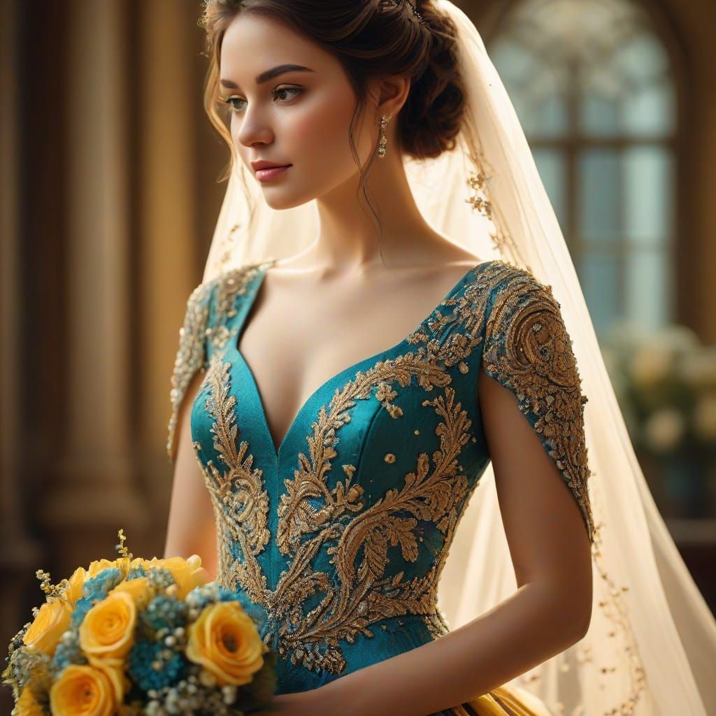 Bride in Mustard Gown with Gold Train: Photorealistic Image