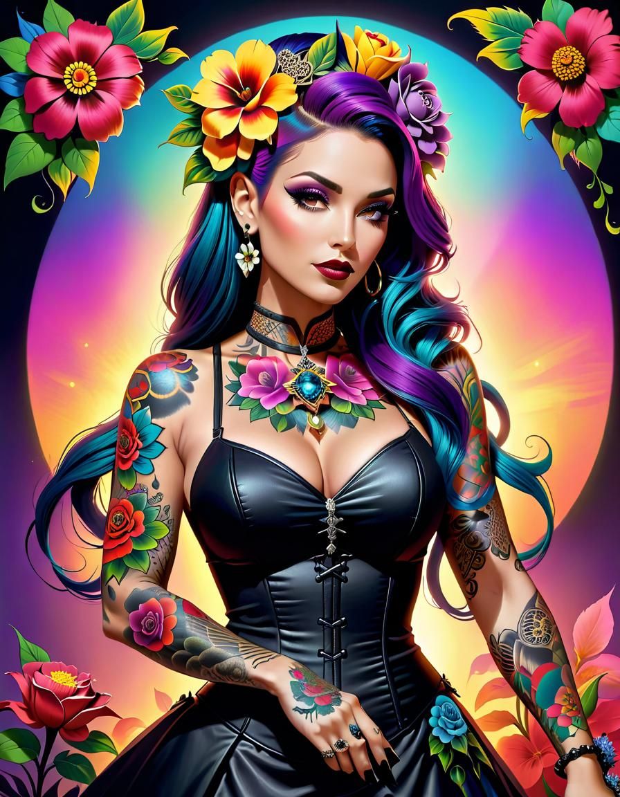 Gothic Latina Pinup with Tattoos in Digital Fantasy Art