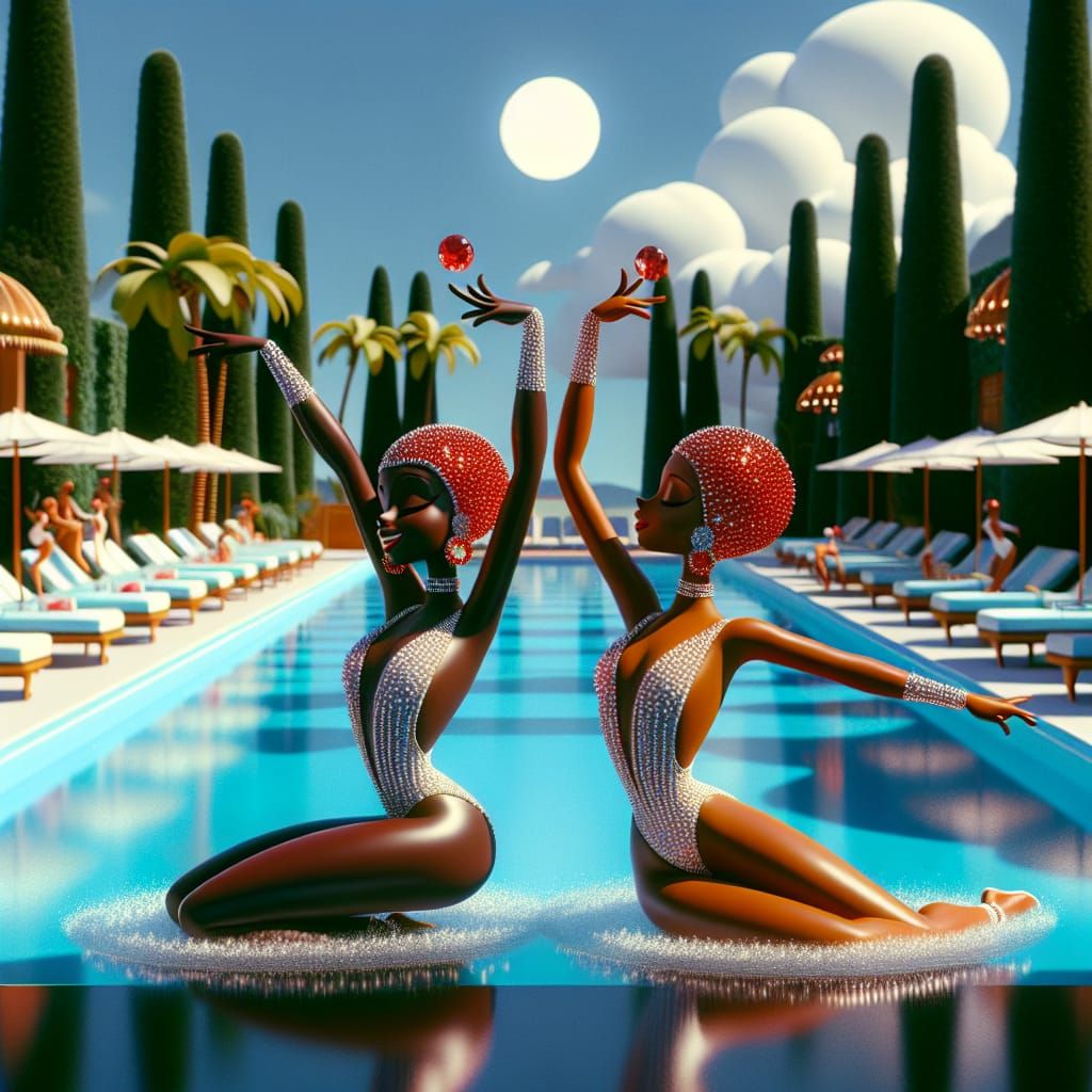 A Disney Pixar style 3D scene featuring two beautiful synchr...