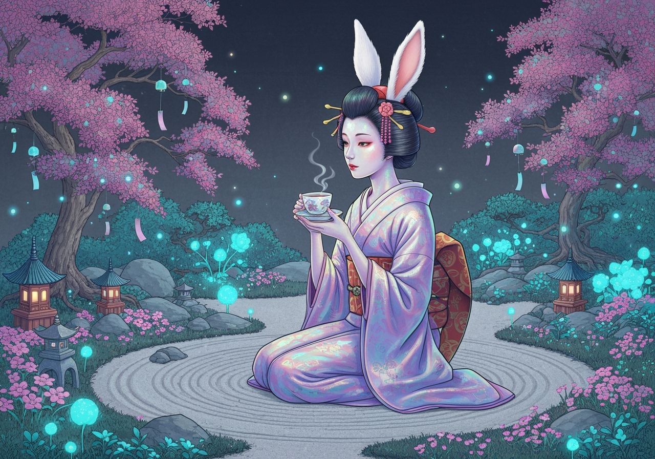 Rabbit-Eared Geisha in Bioluminescent Zen Garden