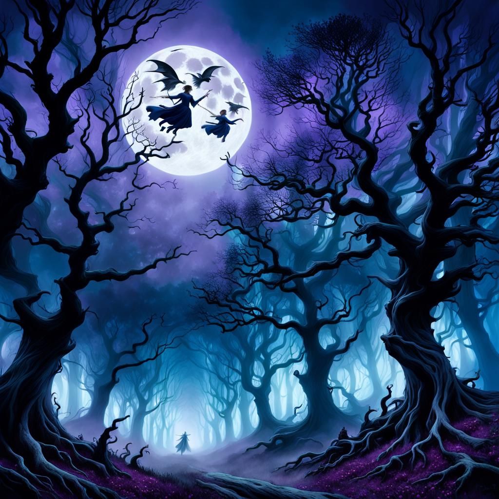 Witches Fly in an Enchanted Forest, Digital Art