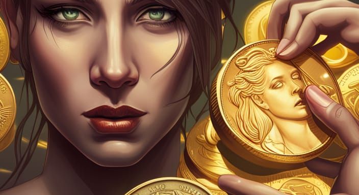 Detailed Portrait of Woman Counting Gold Coins