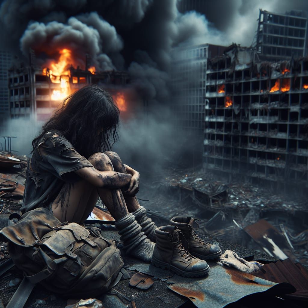 Young Survivor Amidst Ruined City Fire