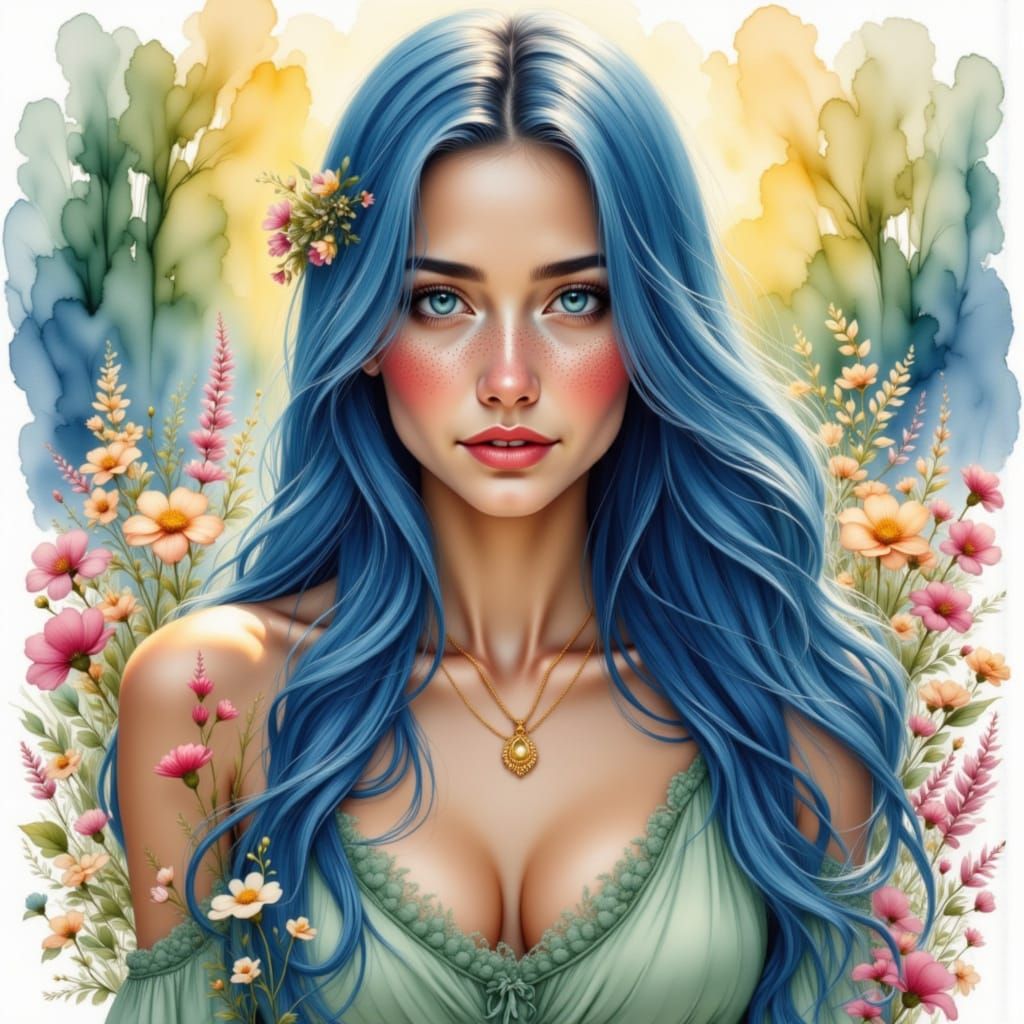 Pretty Woman with Freckles and Blue Hair in Sunrise