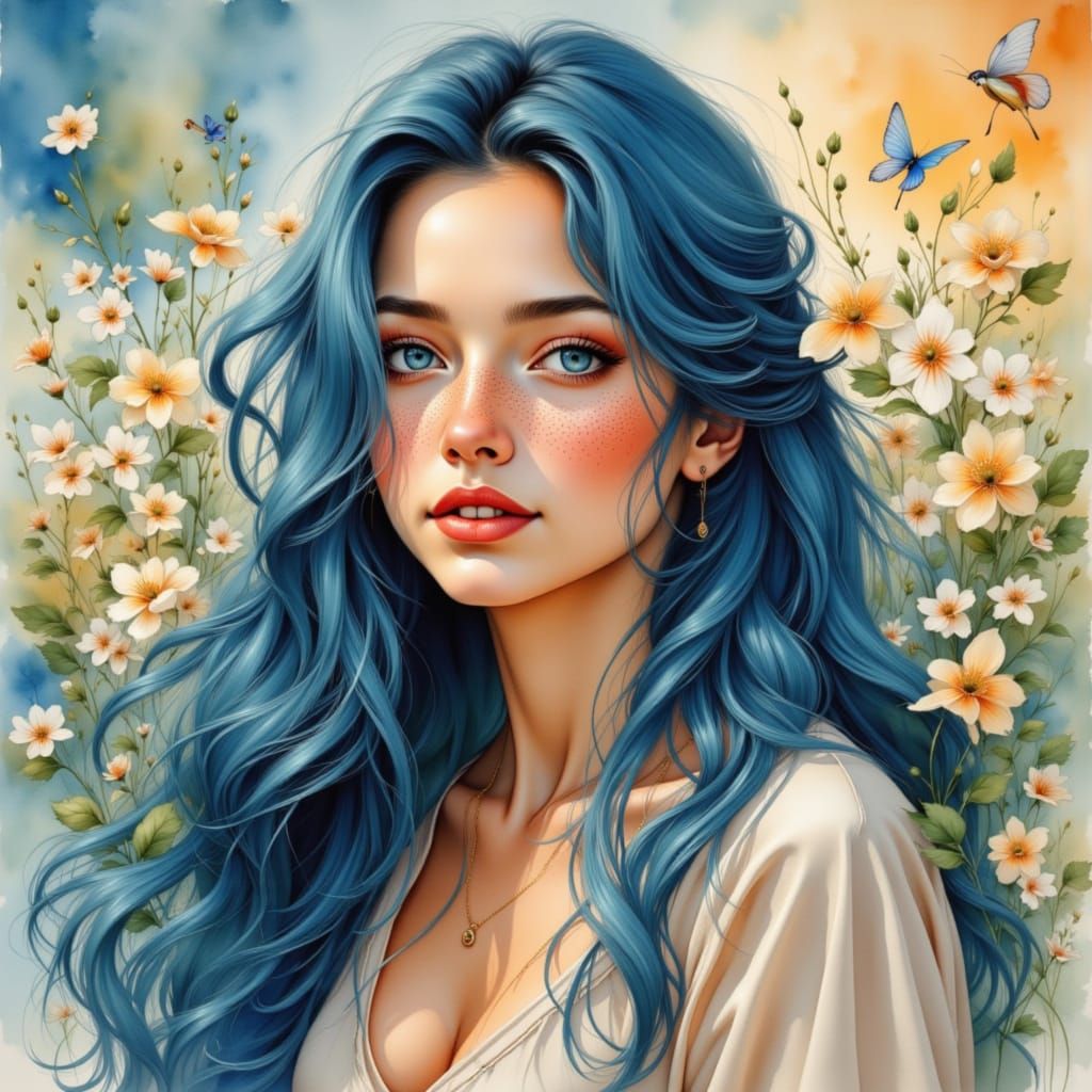 Pretty Woman with Freckles and Blue Hair in Spring Sunrise