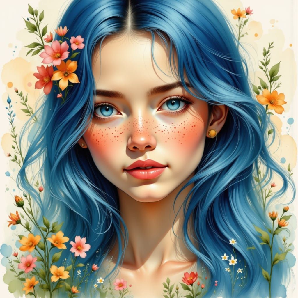 Pretty Woman with Freckles and Blue Hair in Watercolor Style