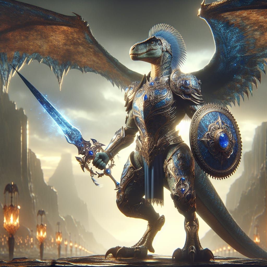 Armored Humanoid Dinosaur with Sword and Shield