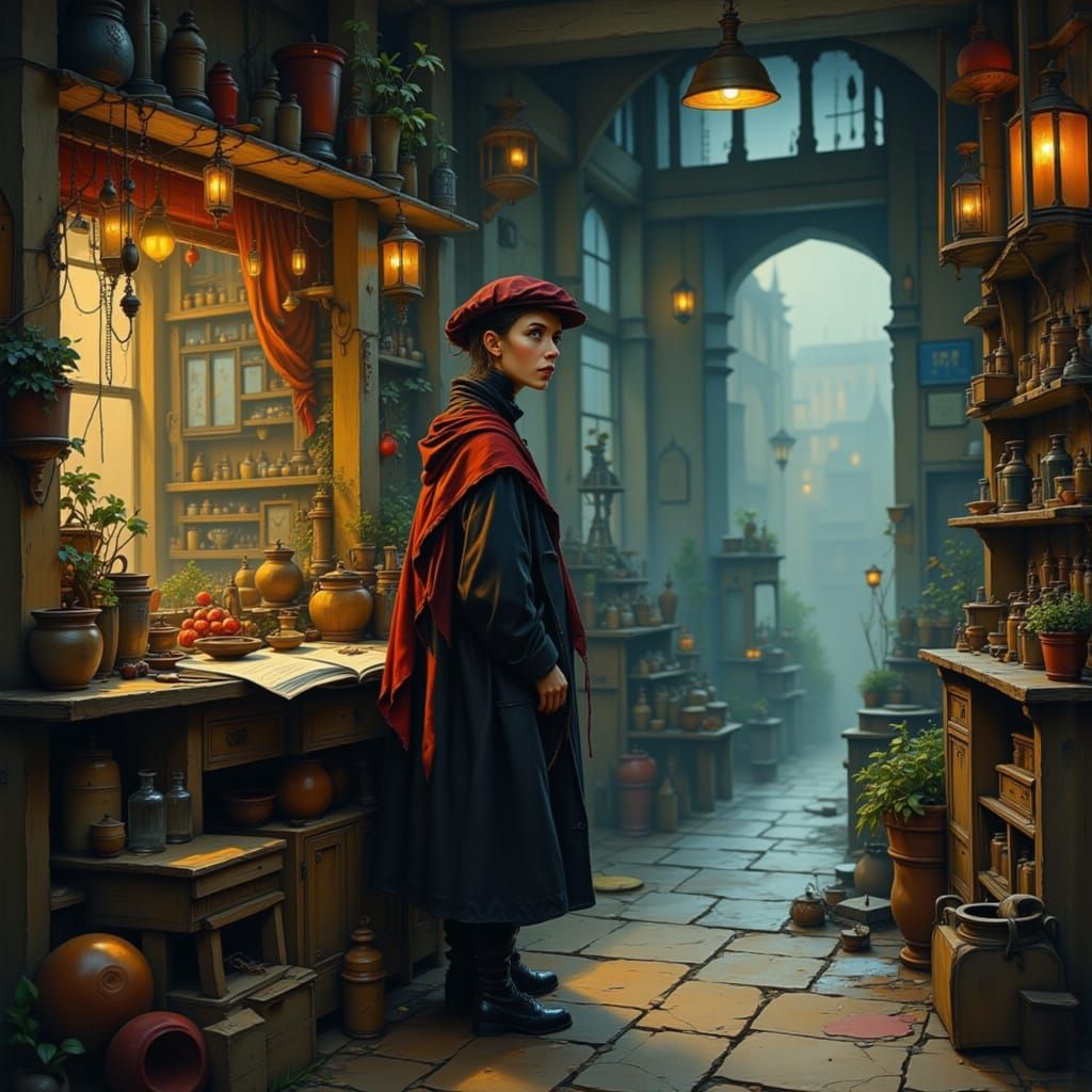 Wide-Eyed Owner in Enchanting Magic Shop