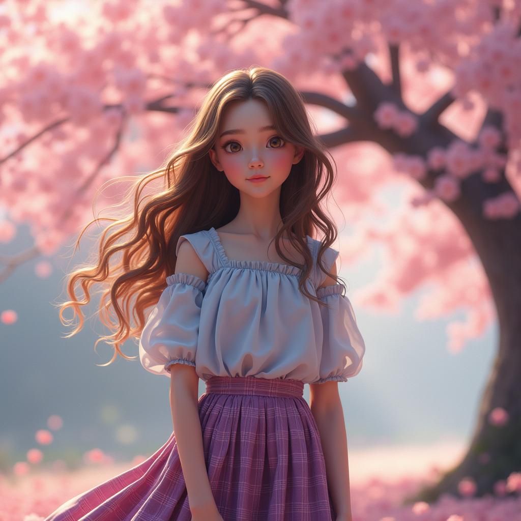 Girl Under Cherry Blossom Tree: Fantasy Concept Art