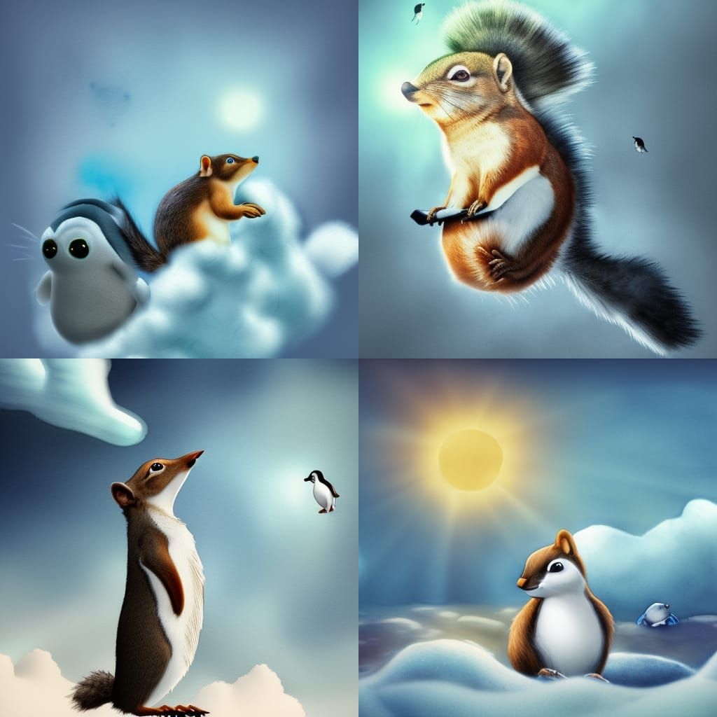 Squirrel and Penguin Cloudscape in Splash Art Style