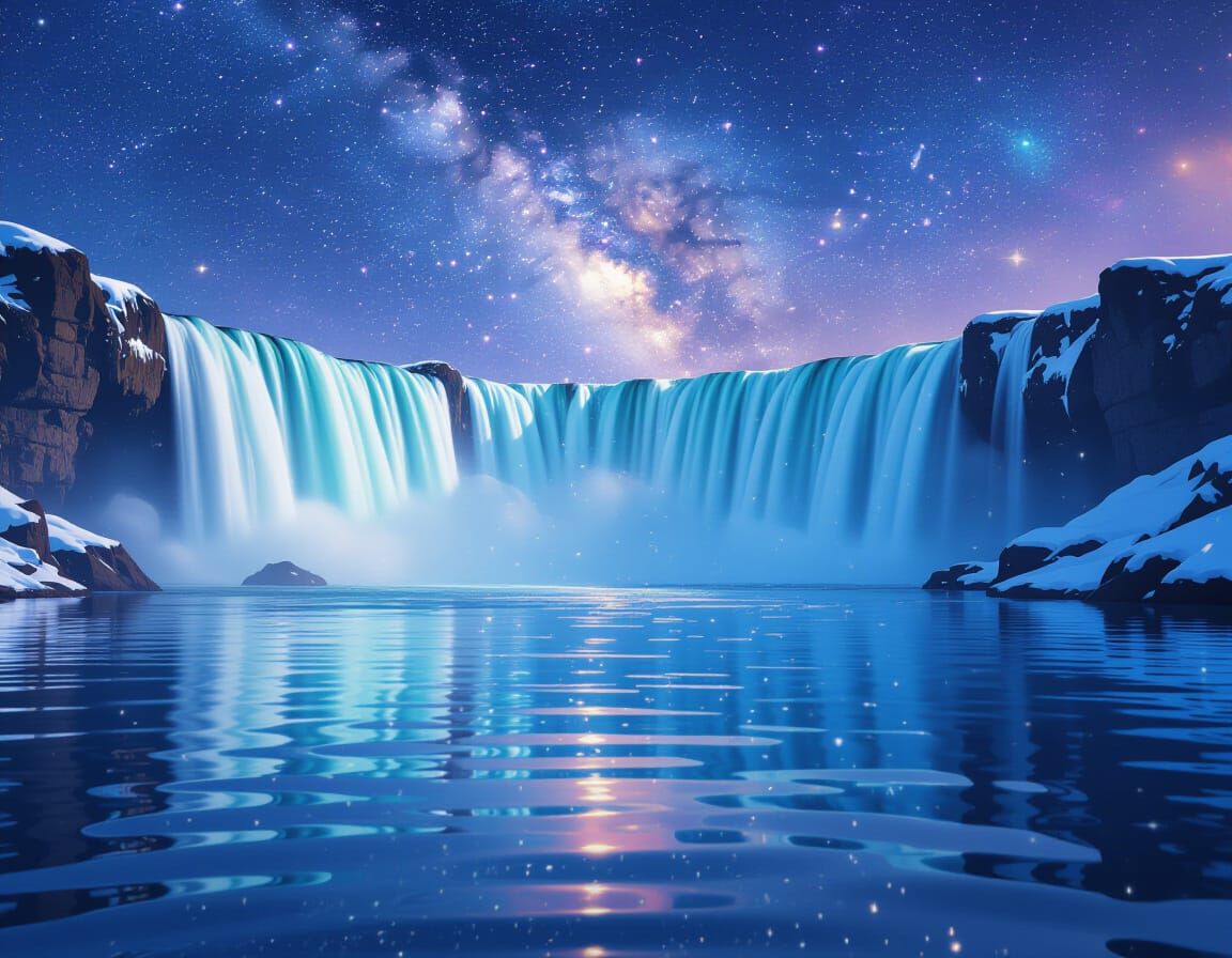 Magical Waterfall Reflecting Starry Sky in Holographic Style