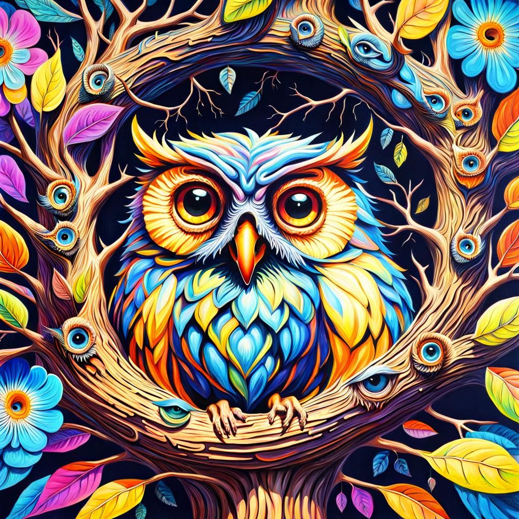 Psychedelic Owls Nest in Tree: Maximalist Hyperrealism