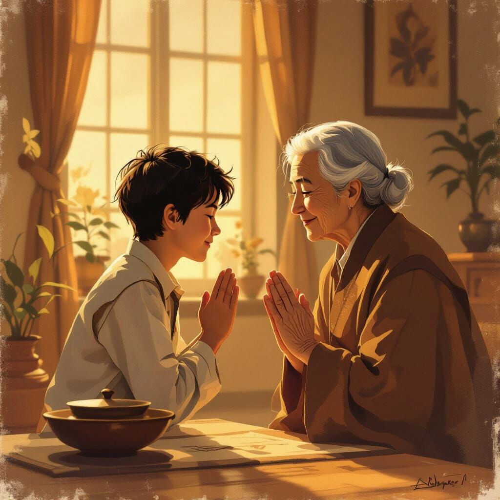 Respectful Greeting: Young Person Bows to Elder