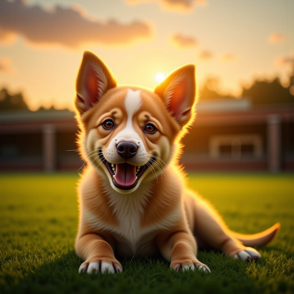 Majestic Puppy on Baseball Field at Sunset