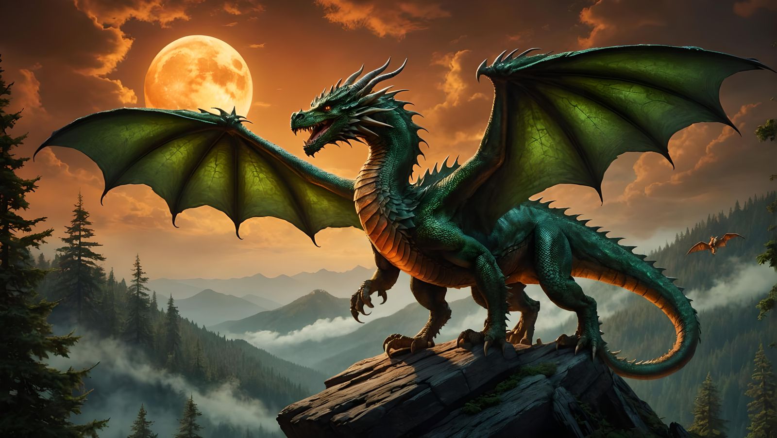 Green Dragon Flying High in Moonlight
