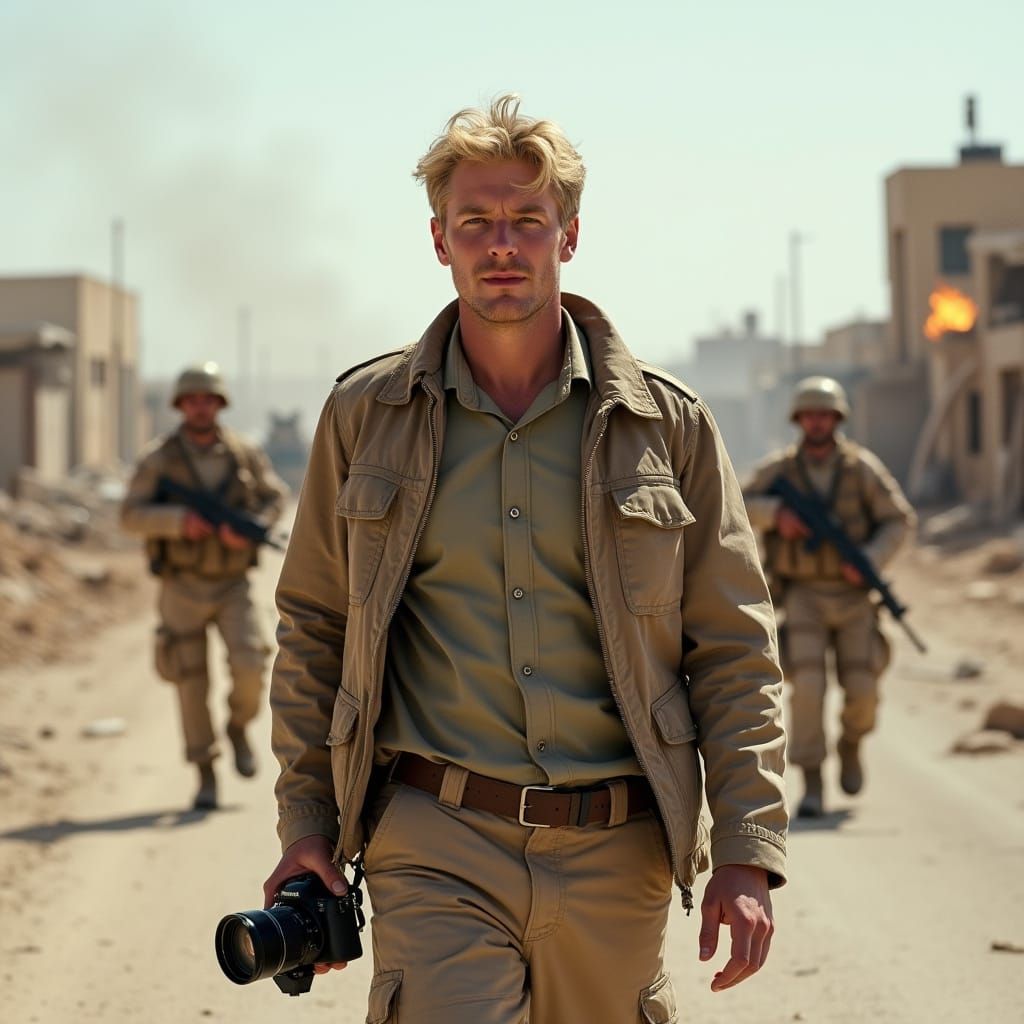 Hyper Realistic Photo Of Man With Camera In Desert War Zone