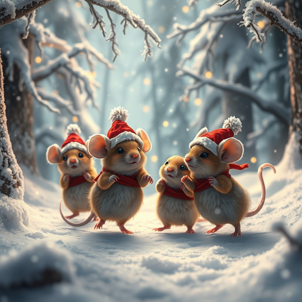 Festive Mice Dance in Snowy Winter Wonderland