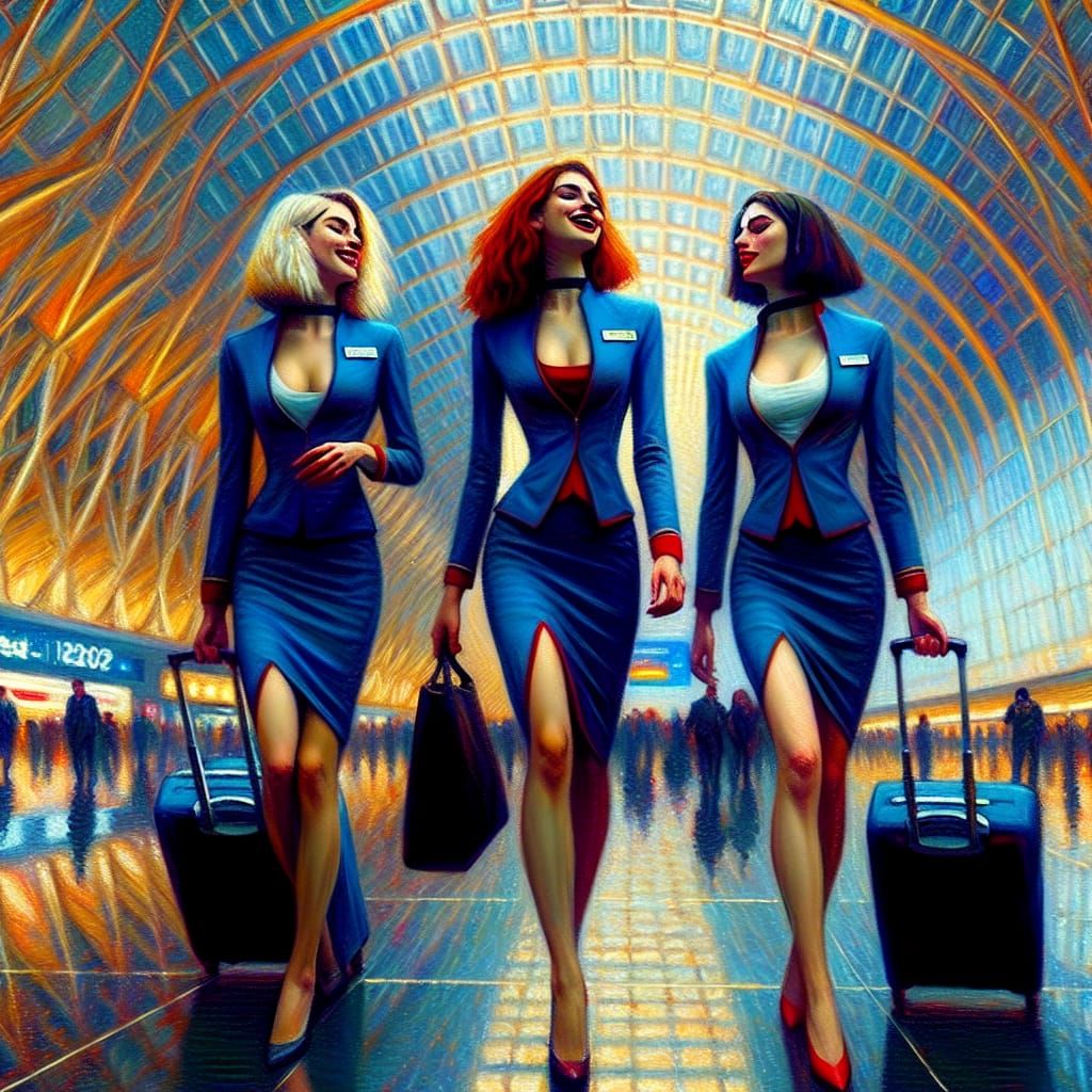 Stewardesses in Opulent Airport, Neo-Impressionist Style