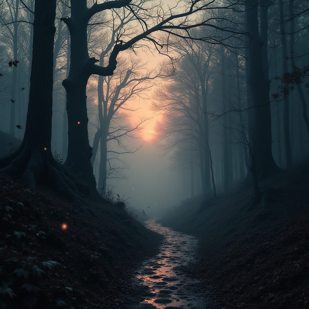 Surreal Autumn Landscape with Winding Path and Twisted Trees