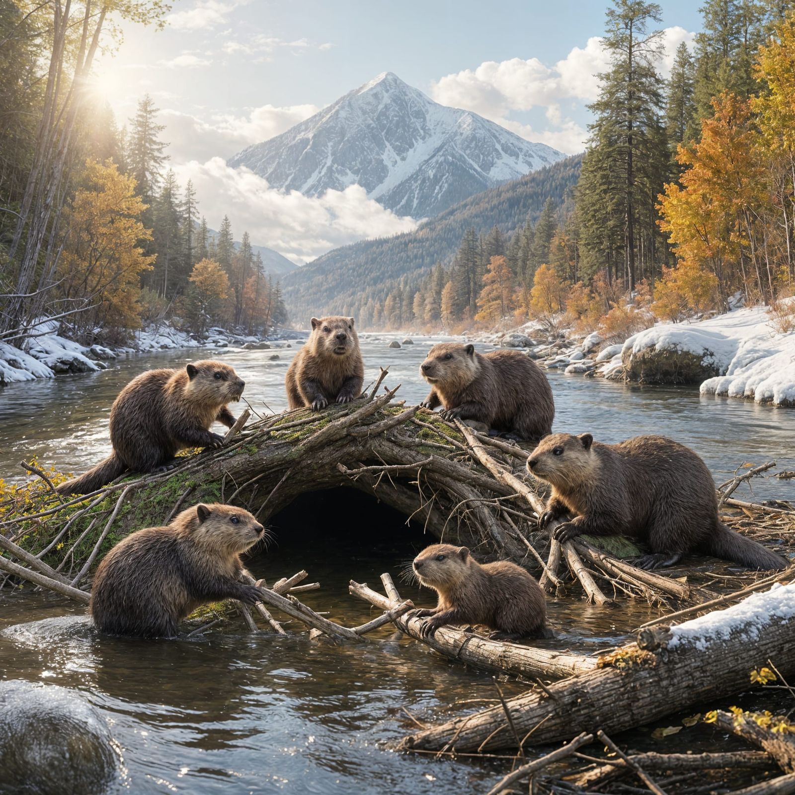 Beaver Family Builds Dam on Autumn Morning