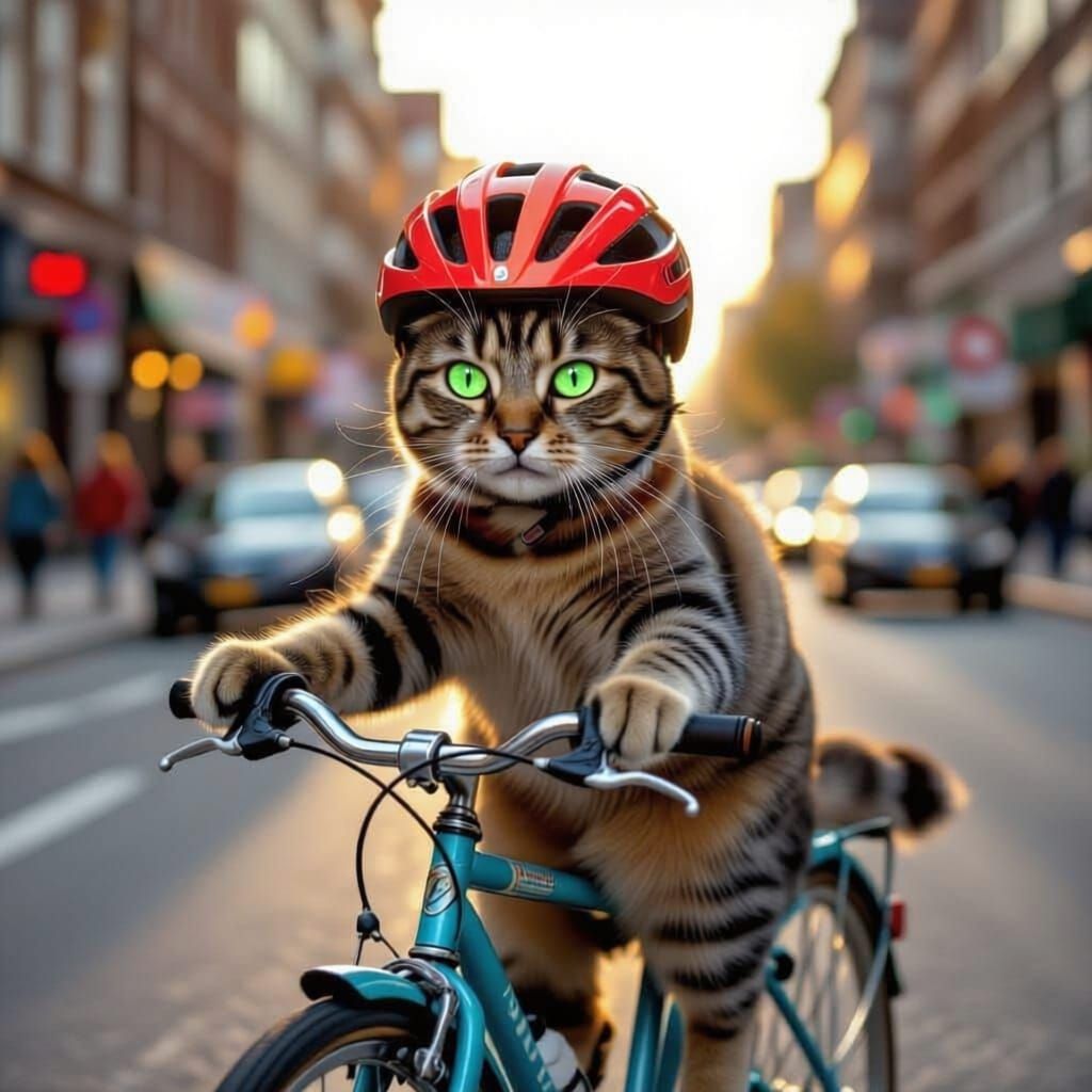 Cat Cyclist in Orange Helmet Rides Vintage Bike at Sunset