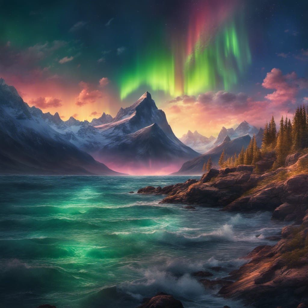 Aurora Borealis Over Sea and Mountains in 8K