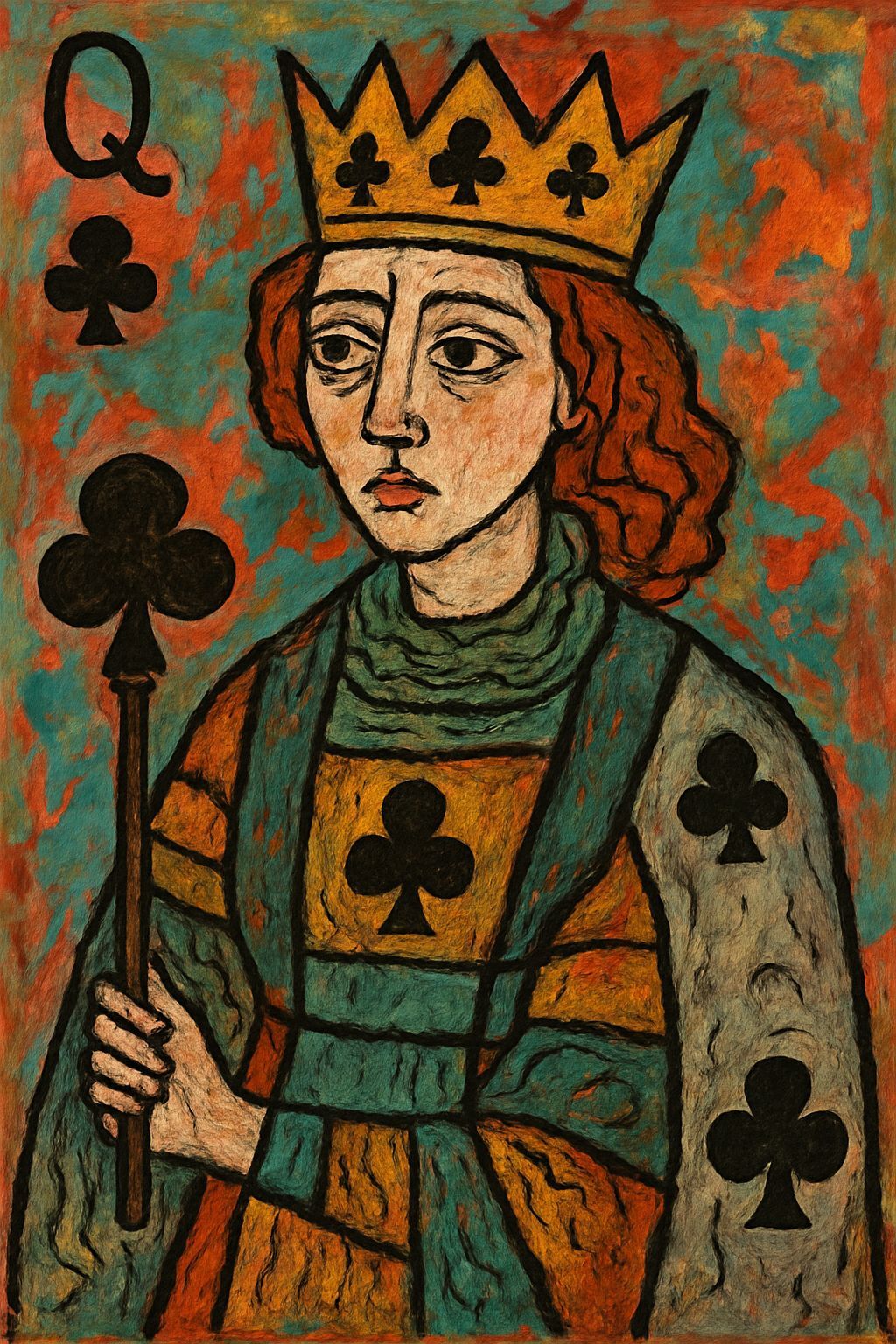 Abstract Queen of Clubs in Folk Art Style
