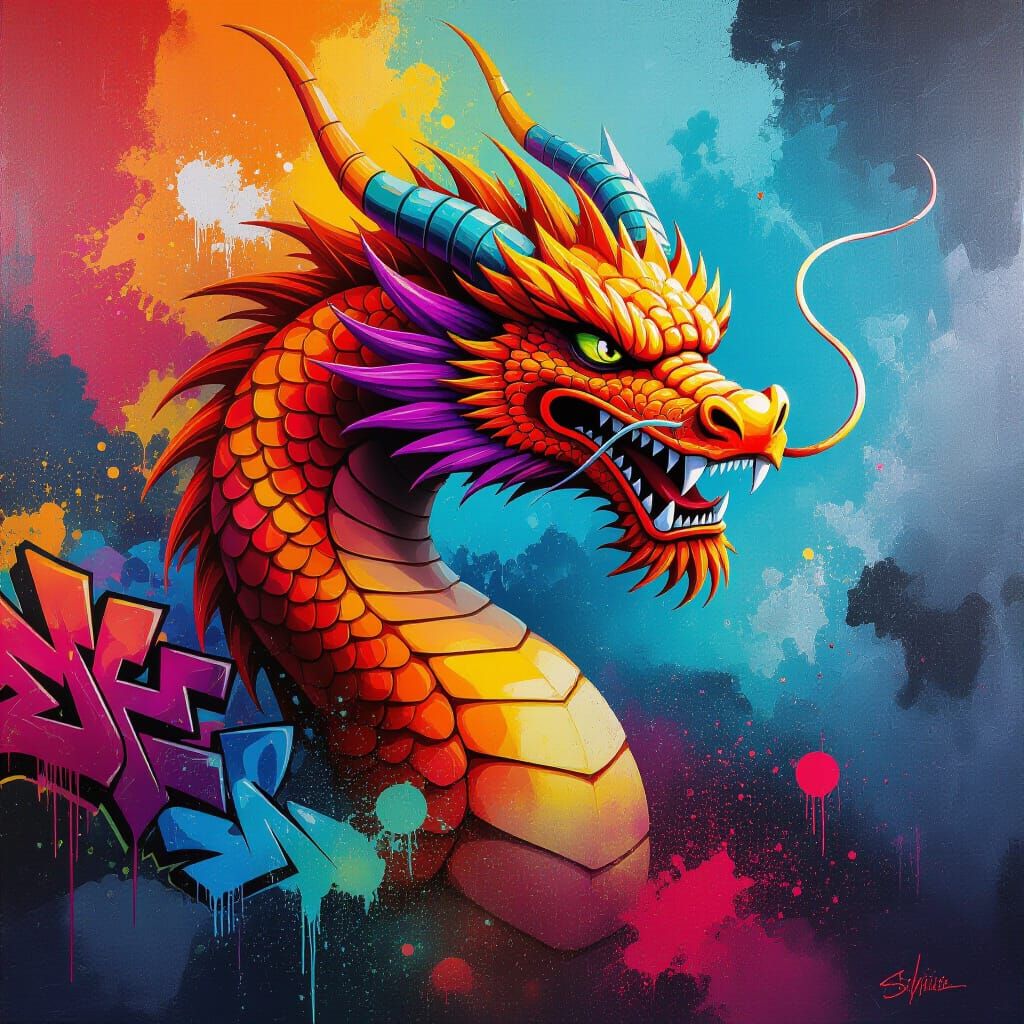 Vibrant Dragon Amidst Dynamic Graffiti Art