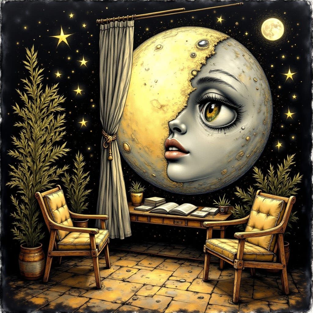 Anthropomorphic Moon Gazing Through Window, Dreamlike Surrea...