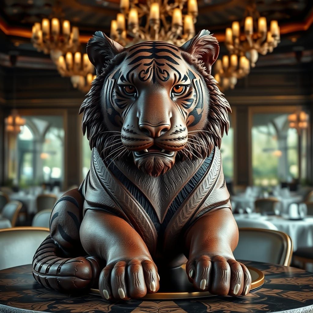 Chocolate Tiger Sculpture in Restaurant, Realistic Detail