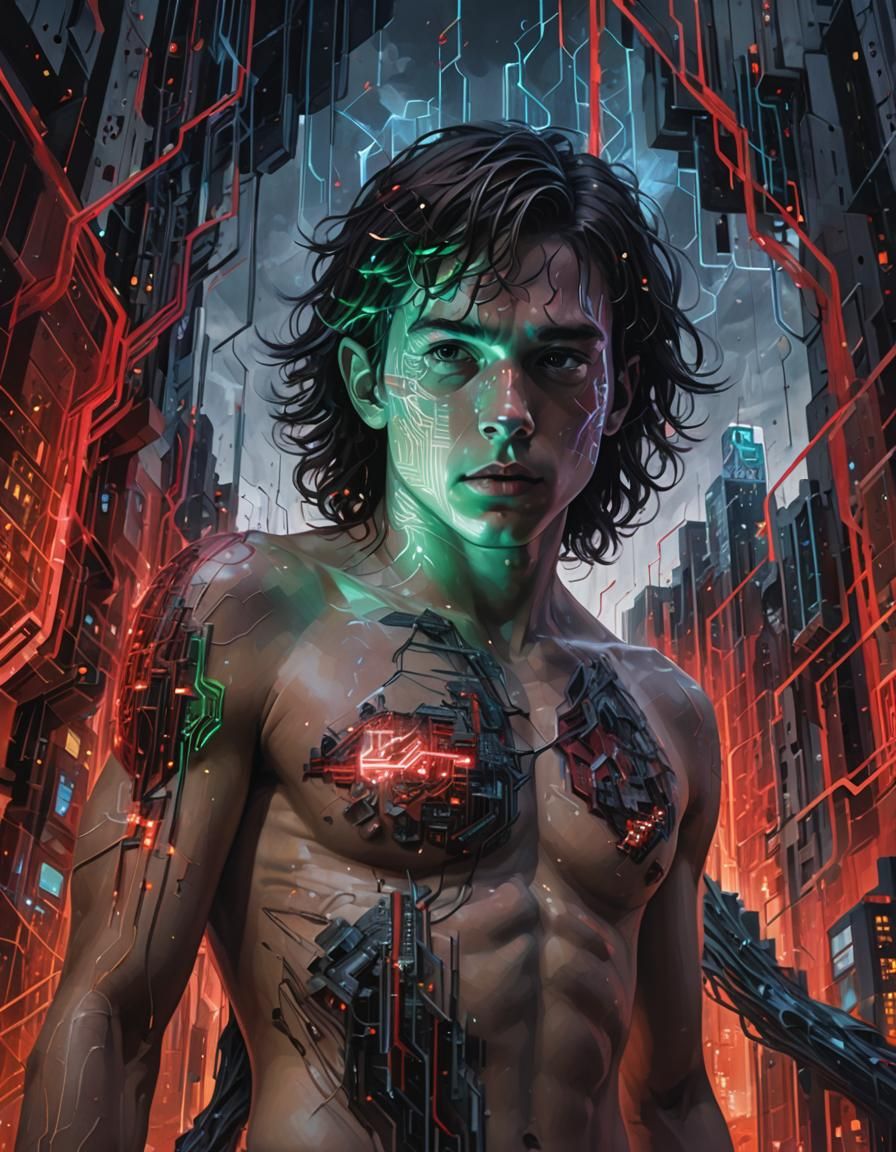 Surreal Neofuturist Man in Pixelated Landscape