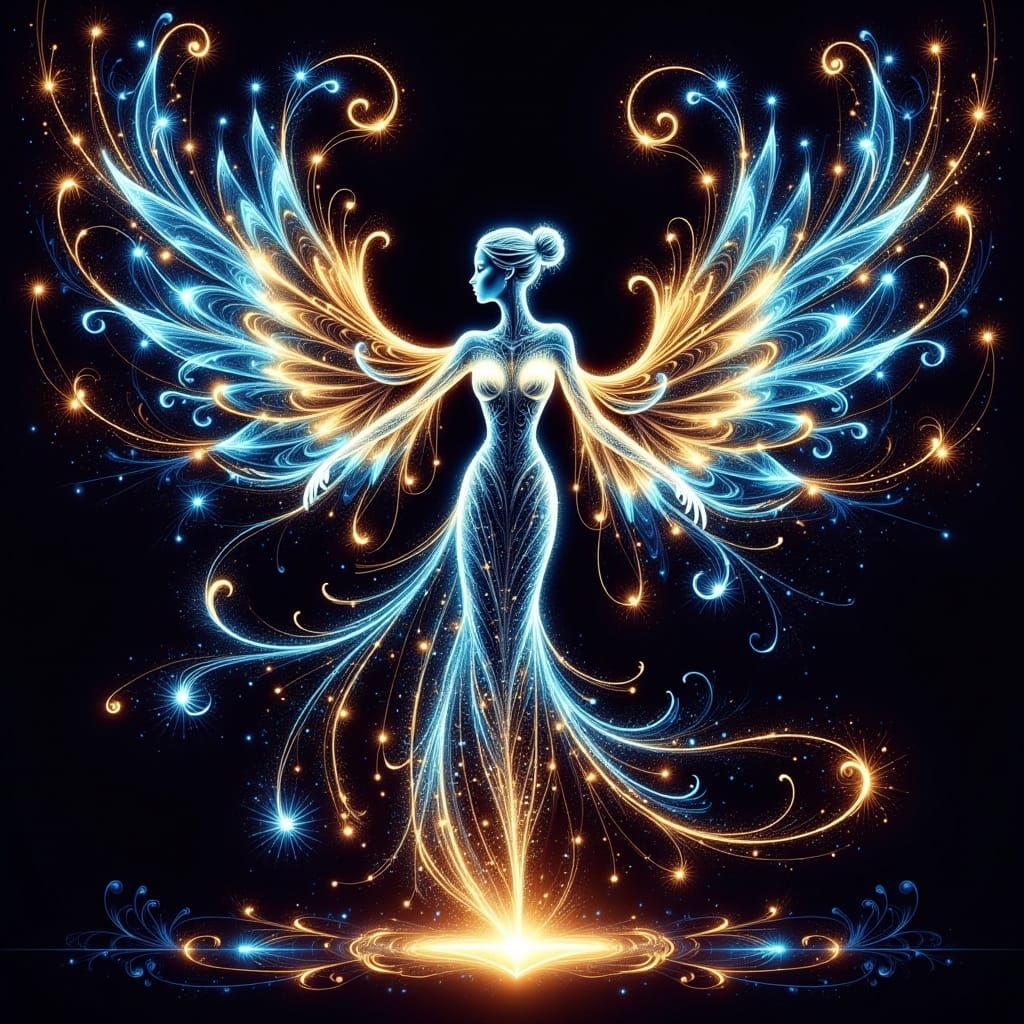 <lora:Blue Ghost Flux:1.0> Portrait en gros plan. Une déesse éblouissante émerge d'une galaxie vibrante et tourbillonnan...