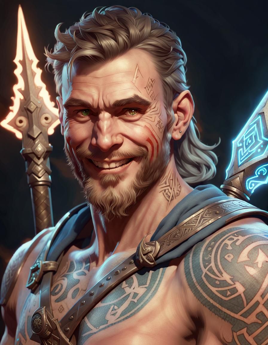 Friendly Man with Runic Tattoos, Concept Art Portrait