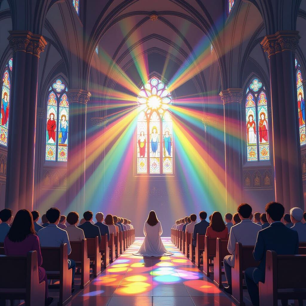 Cathedral Prayer with Stained Glass Sunlight