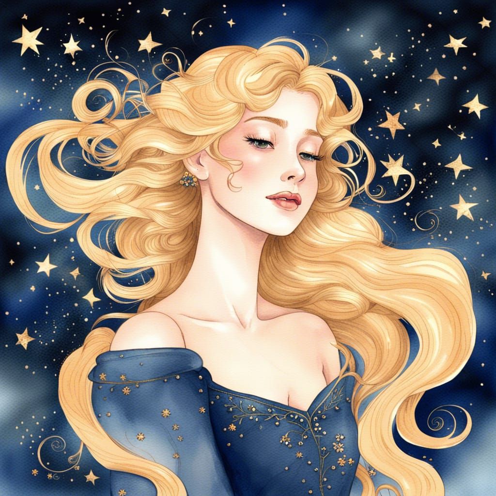 Sweet Princess with Golden Hair Watercolor