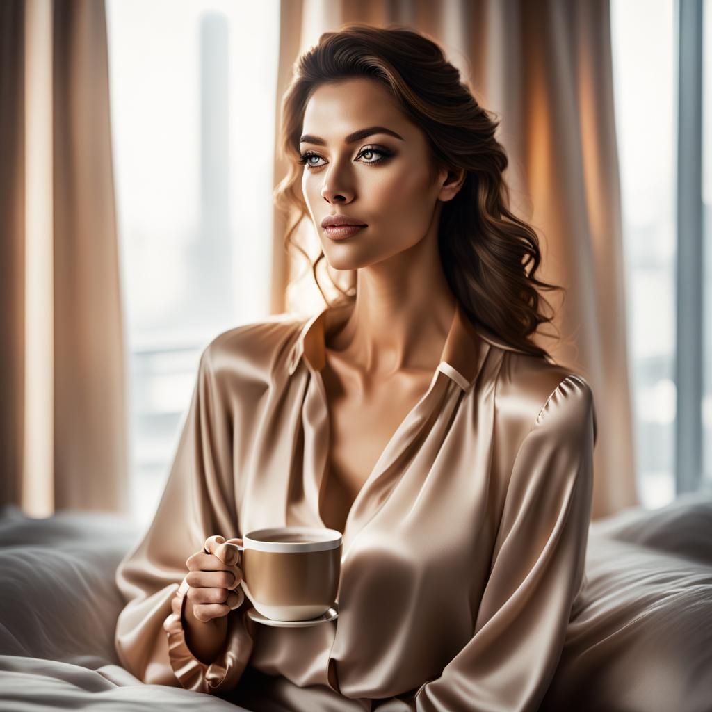 A Young Woman Enjoys Coffee in Her Cozy Bedroom